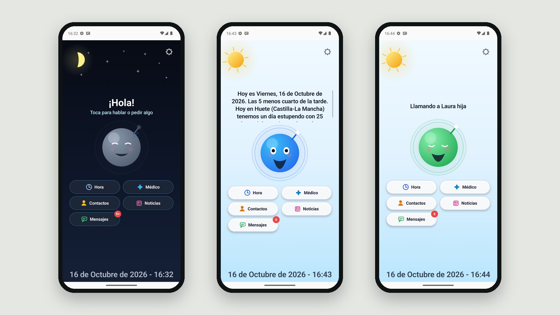 La pantalla de inicio de AsistenteMovil: en reposo, diciendo la hora y el tiempo, y llamando a la hija