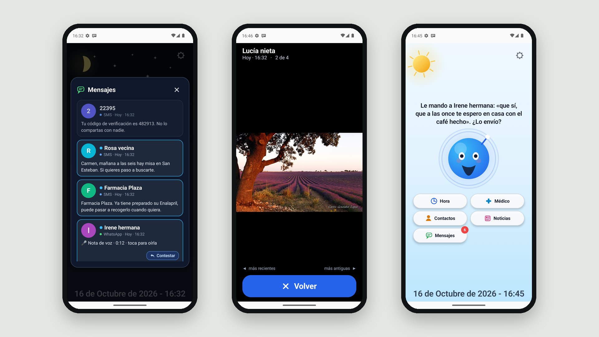 Ventana de mensajes con SMS y WhatsApp, visor de fotos y una respuesta dictada que se lee antes de enviarla