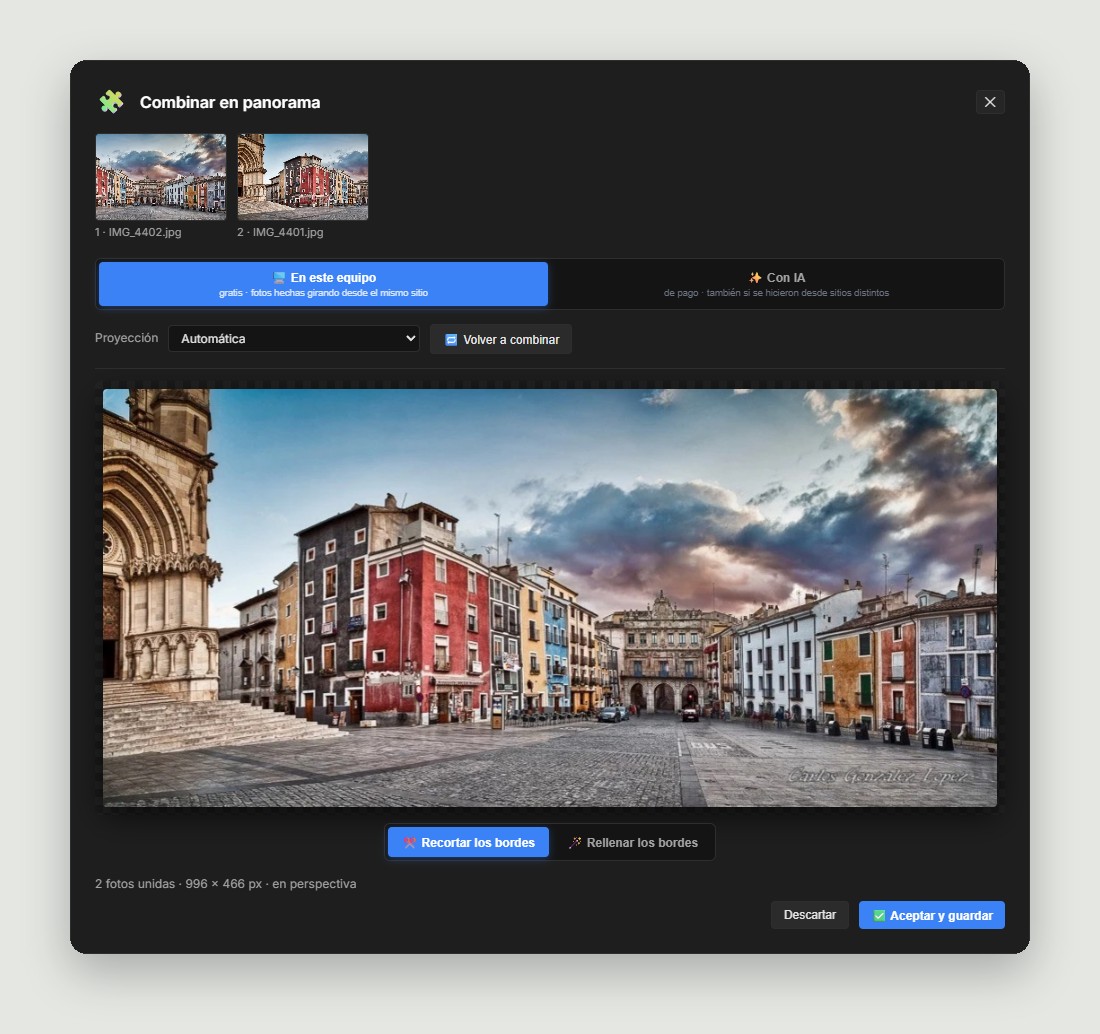 Dos fotos de la Plaza Mayor de Cuenca unidas en un panorama dentro del programa
