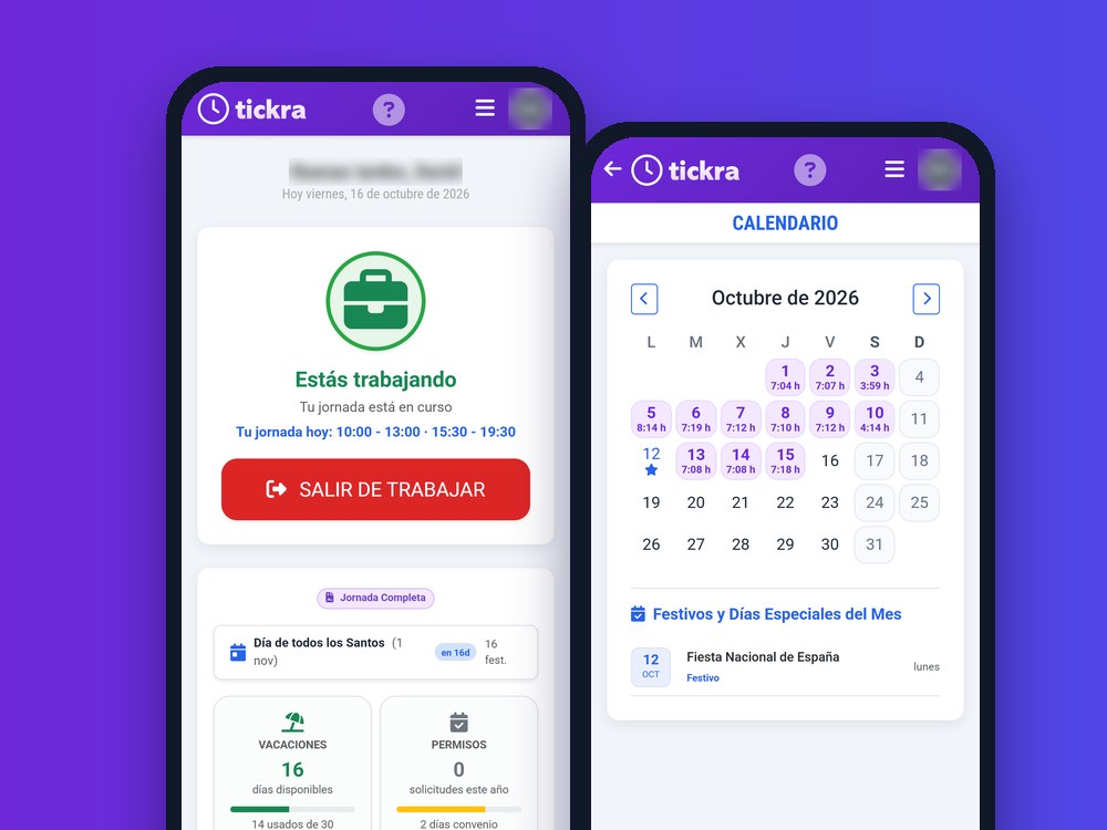 Tickra en el móvil: la jornada en curso y el calendario con las horas de cada día